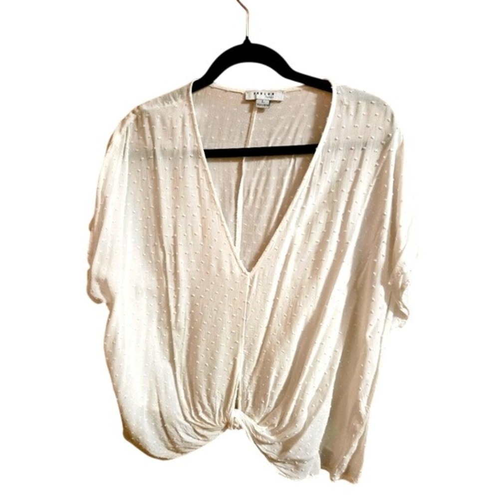FAVLUX Fashion White Swiss‎ Dot V Neck Tie Front Boho Top Women's Size L